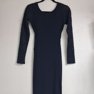 Sequin Hearts Navy Blue Formal Gown With Sparkly Lace Sleeves    Size 5